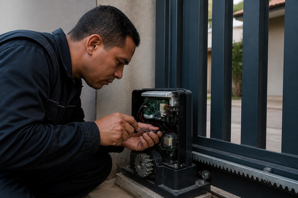 Técnico fazendo manutenção no motor de um portão automático